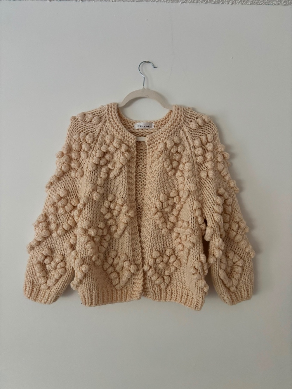 Chicwish Pom Pom Heart Cardigan Cream Chunky Hand Knit Open Front Sweater OS